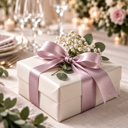 Geschenkbox mit Schleife auf einer festlichen Tafel