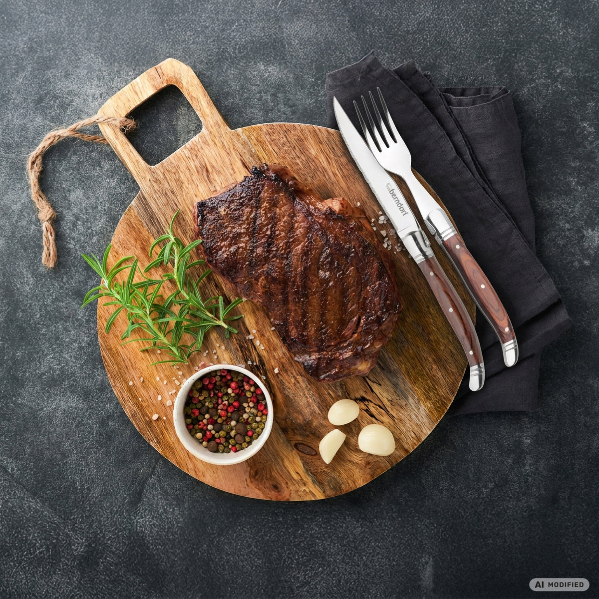 Steakbesteck mit Holzgriffschalen neben einem Steak auf dem Holzbrett
