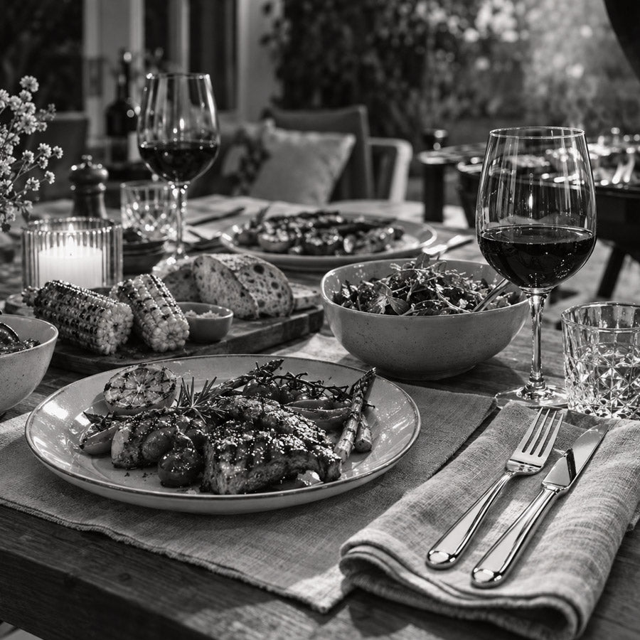Gedeckter Gartentisch mit Gegrilltem und Besteck