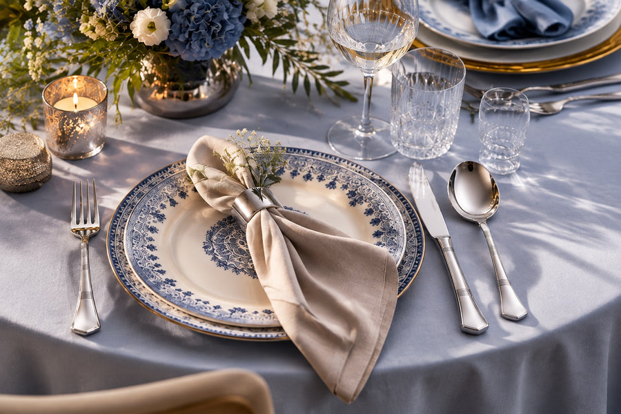 Elegant gedeckte Tafel mit blau-weißem Porzellan und Berndorf Besteck