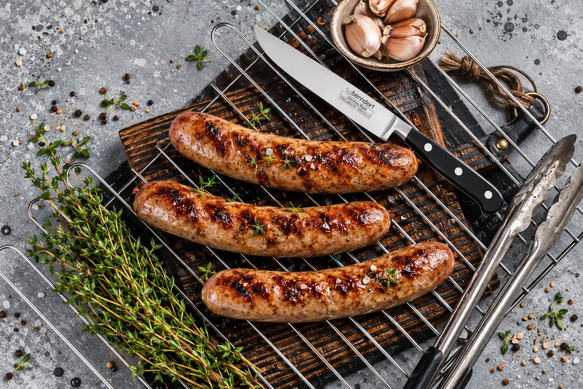 Gegrillte Würstel auf dem Rost mit Berndorf Messer