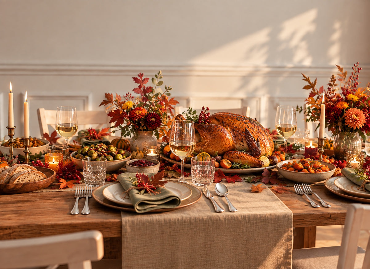 Herbstlich gedeckte Tafel mit Kerzen, Laub und Berndorf Besteck