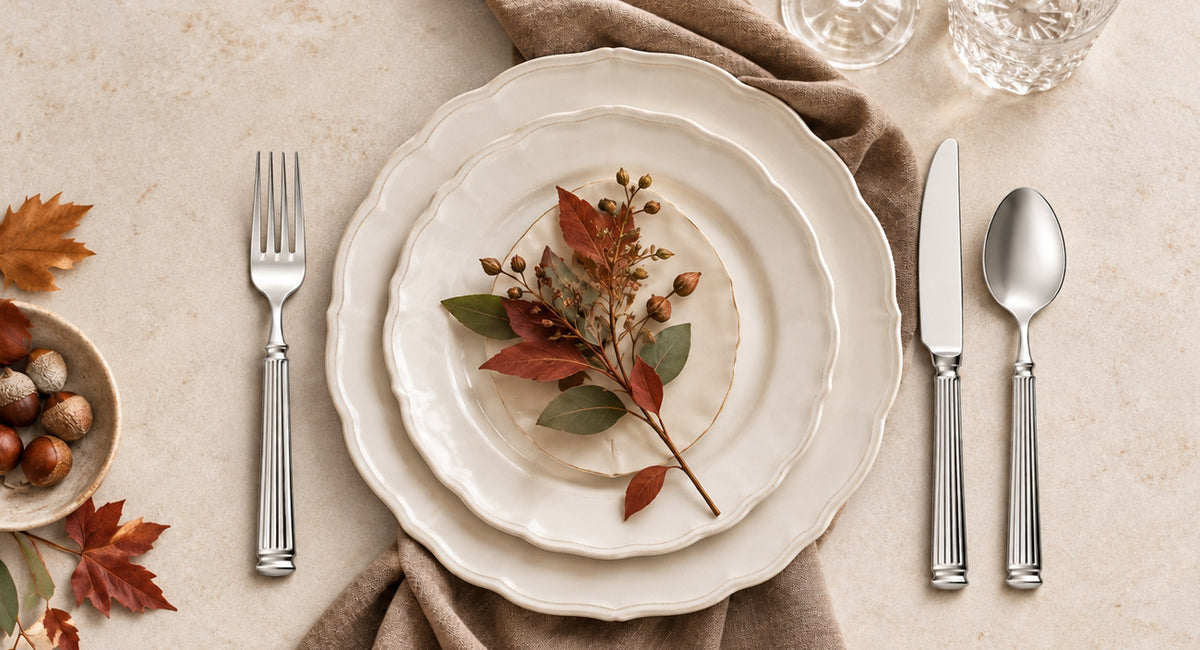 Herbstlich gedeckter Tisch mit Berndorf Besteck, cremefarbenem Teller und Laub