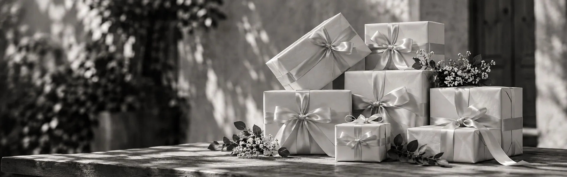 Festlich verpackte Geschenke mit Schleifen auf einem Holztisch